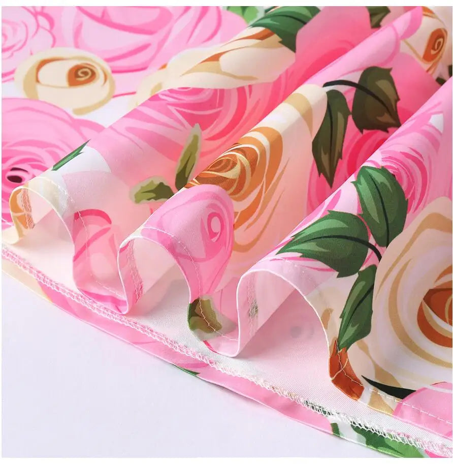 Summer Girls Rose Print Dress Princess Wedding Birthday Party Frocks Satin Children Vestidos Dresses For Girl Christmas Clothing