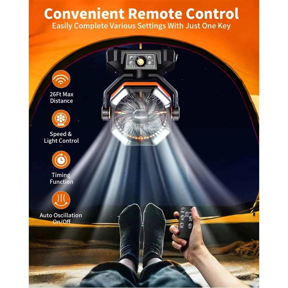 Camping Fan with 4 LED Lantern 8 Speeds Regular Time Desk Fan 20000mAh Battery Portable Outdoor Fan for Outdoor Camping Fishing