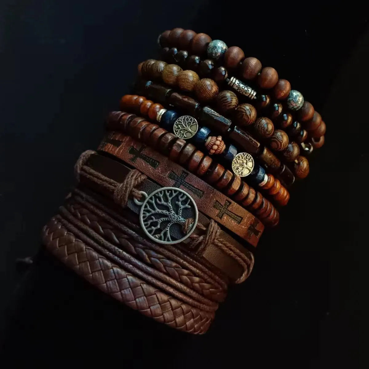 Khaki Tree 10 Pcs/set Black Wrap Woven Fashion Handmade Men Bracelets Male Women Leather Bracelets Men Bangle Wholesale Jewelry