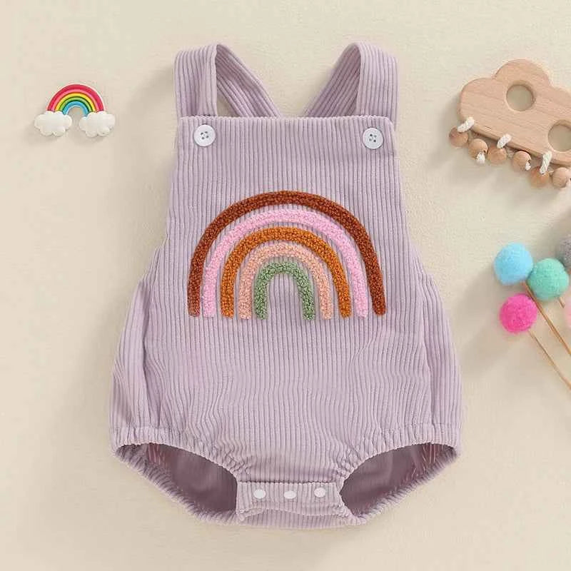 Infant Baby Girl Boy Overalls Rompers Summer Rainbow/Strawberry Embroidery Sleeveless Square Neck Suspender Ribbed Romper - AMULET RING STORE