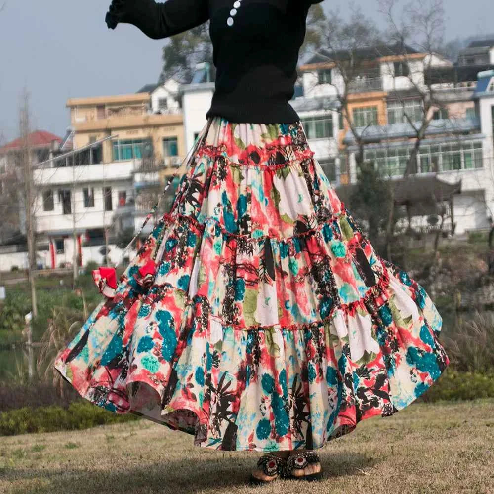 TIYIHAILEY Long Maxi A-line Elastic Waist Women Summer Spring S-2XL Cotton Linen Print Big Hem Vintage Skirts 2025