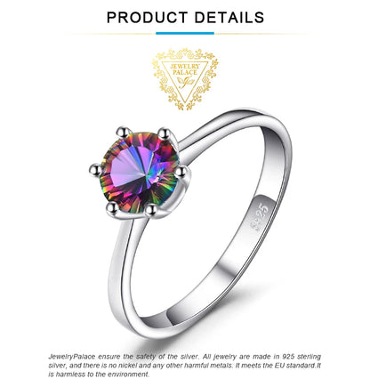 JewelryPalace  Natural Rainbow Mystic Quartz 925 Sterling Silver Ring for Women Solitaire Gemstone Jewelry Engagement Ring