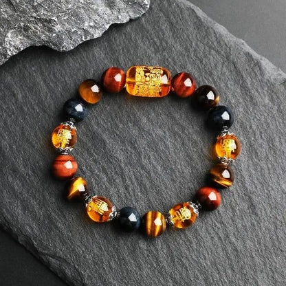 Natural Tiger's Eye Stone Three-sided God of Wealth Bracelet Auspicious Lucky Lucky Safe Men's and Women's Hand String Couple's