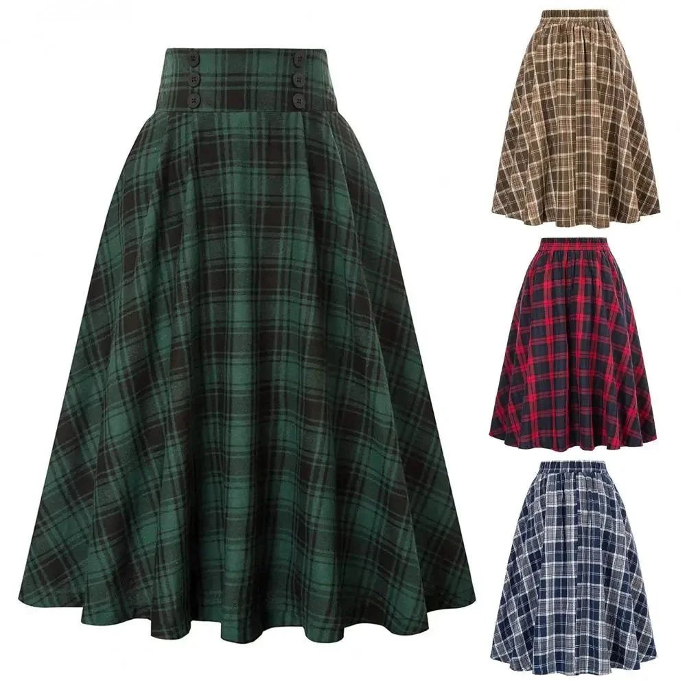 High Waist Plaid Swing Skirt Faionable Large Flounce Midi Skirt Women's Premium Clothing A-Line Silhouette Umbrella Skirt