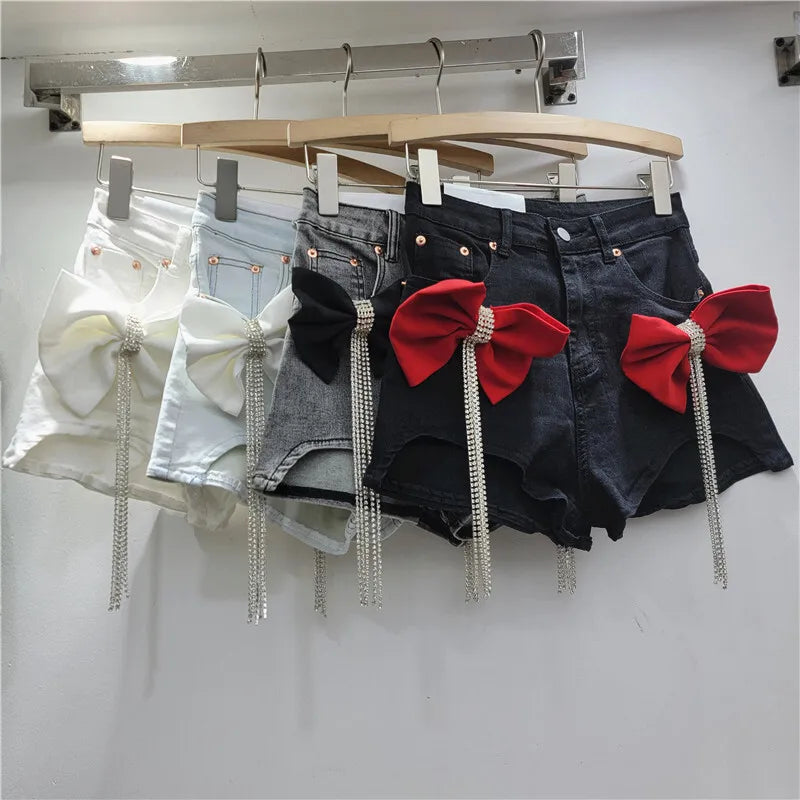 WTHT Trendy Women's Spliced 3D Bows Diamonds Tassel Denim Shorts 2025 Summer Trendy High Waist Hot Pants Female 1LS1367