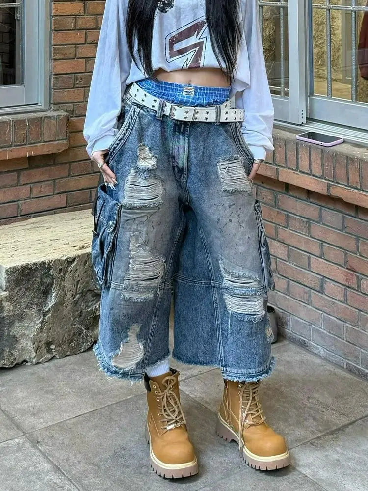 2025 American Vintage Old Baggy Slim Machete Denim Shorts Female Y2K Harajuku Hot Girl Washed Hole Denim Cropped Pants Tide - AMULET RING STORE