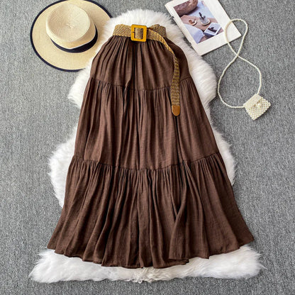 White High Waist A-Line Midi Skirt Women's Summer Casual Flared Cake Skirt Korean Sle Baking Poer Skirt for Young Women