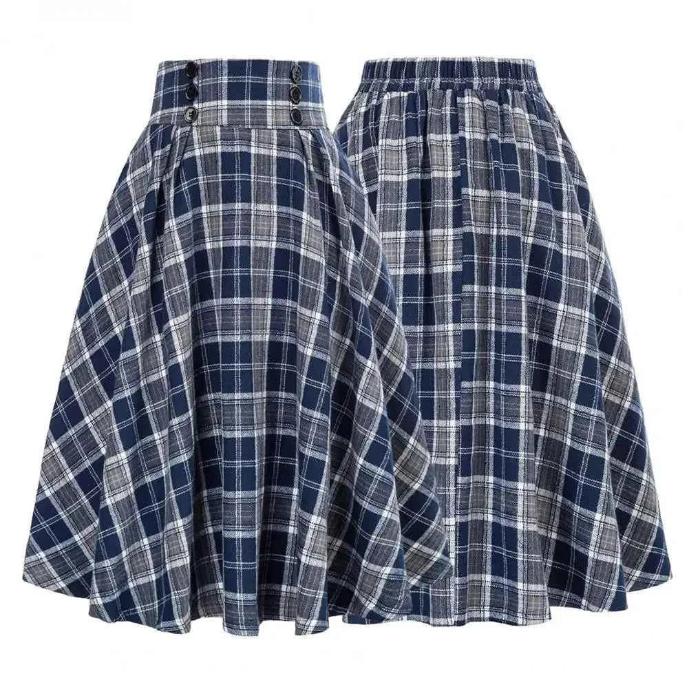High Waist Plaid Swing Skirt Faionable Large Flounce Midi Skirt Women's Premium Clothing A-Line Silhouette Umbrella Skirt