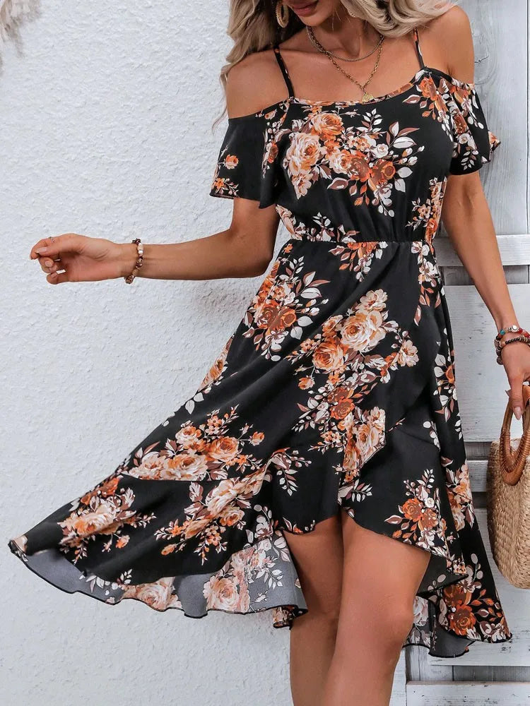 Summer women's printed off shoulder slit camisole irregular skirt shape women's elegant dress with temperament - AMULET RING STORE