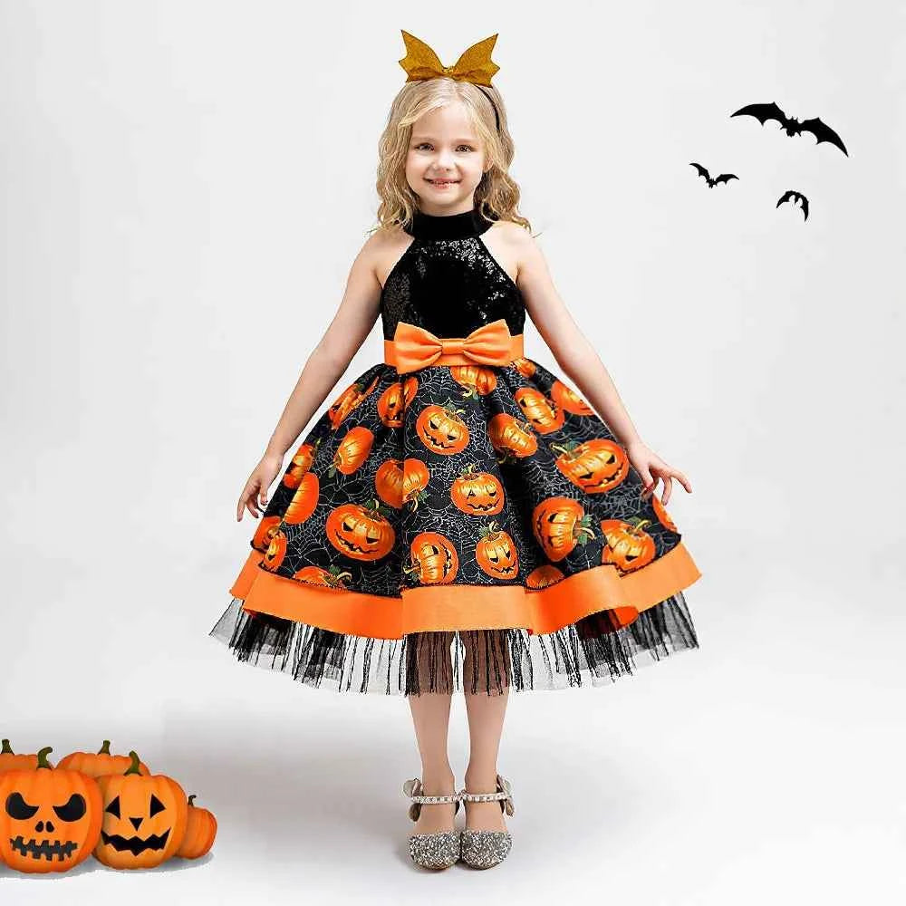 Baby Girl Halloween Costume 0-3 Yrs Little Girl Fantasy Dress Children Pumpkin Skeleton Print Fluffy Gown Kids Cute Orange Frock