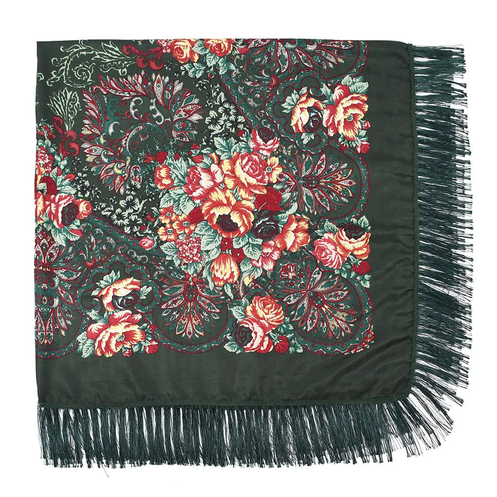 Russian Scarf Head Wrap for Women Luxury Ukrainian Manila Shawls Folk Cotton 160cm National Shawl Floral Print Travel Bandana - AMULET RING STORE