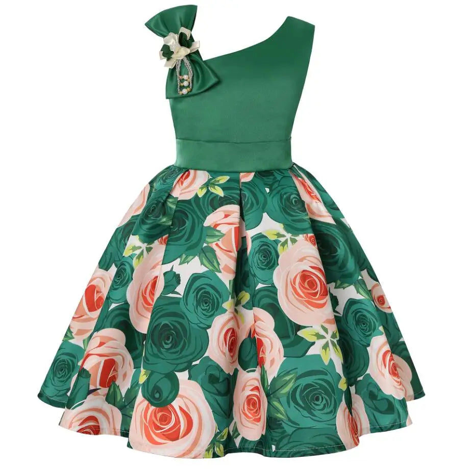 Summer Girls Rose Print Dress Princess Wedding Birthday Party Frocks Satin Children Vestidos Dresses For Girl Christmas Clothing