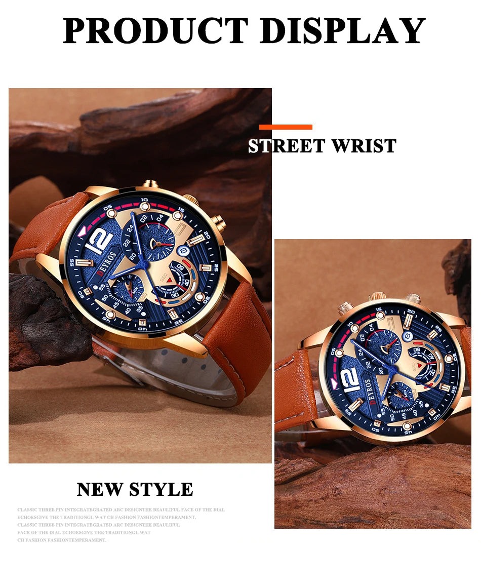 2PCS Set Fashion Mens Calendar Watches Luxury Male Business Casual Brown Leather Quartz Watch Men Bracelet Wrist Watch - AMULET RING STORE