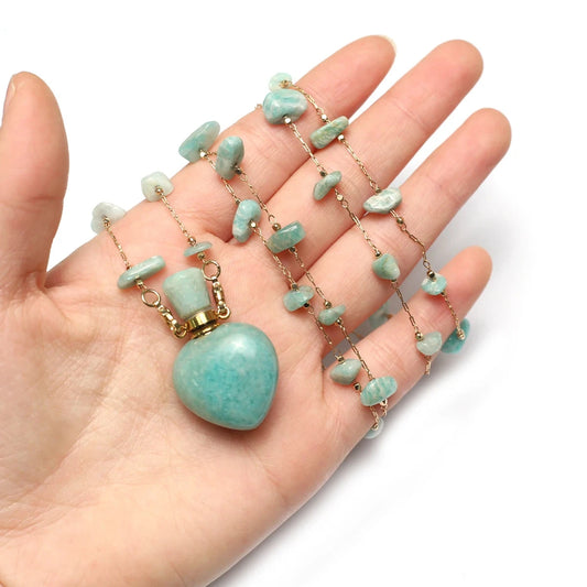 Natural Stone Amazonite Perfume Bottle Pendant Pearl Gravel Chain Essential Oil Diffuser Charms Women Jewerly Necklace 31 Inches - AMULET RING STORE