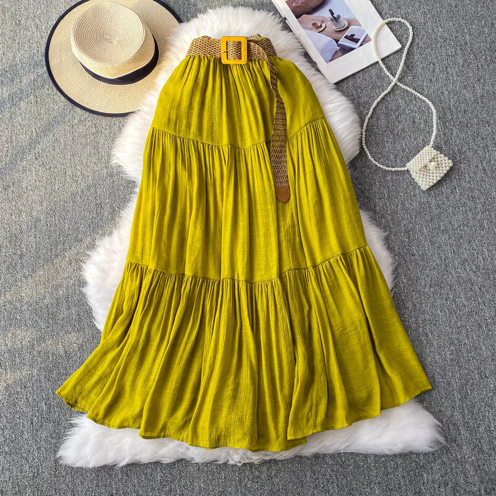 White High Waist A-Line Midi Skirt Women's Summer Casual Flared Cake Skirt Korean Sle Baking Poer Skirt for Young Women
