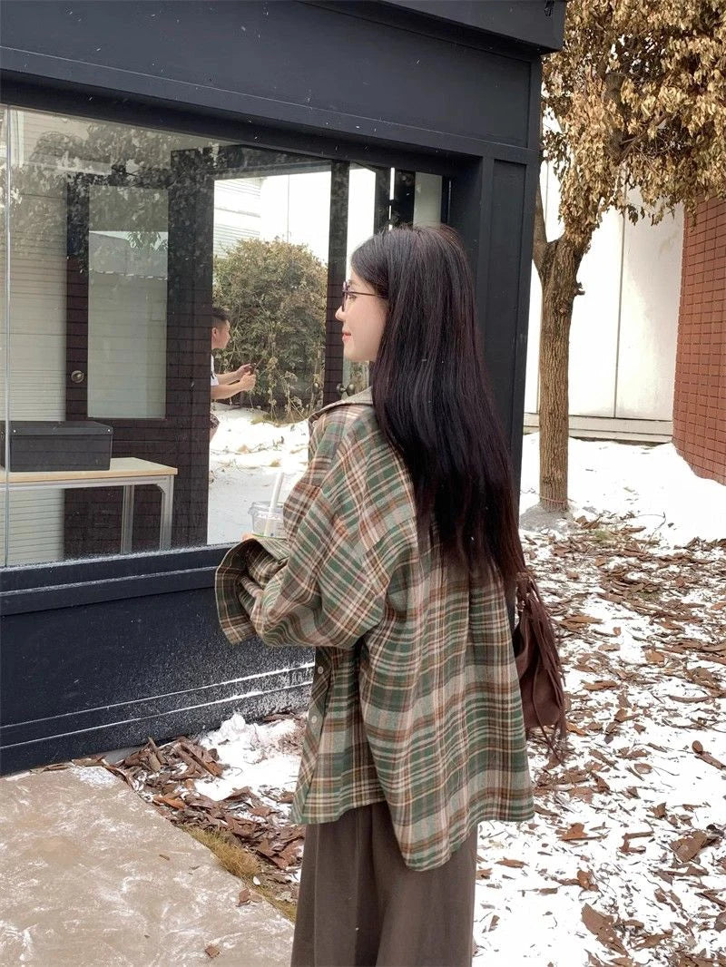 Zoki American Y2K Plaid Shirt Women Loose Streetwear Long Sleeve Vintage Blouse Casual Oversize All Match Female Spring Tops New - AMULET RING STORE