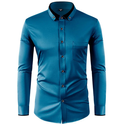4XL Stand Up Collar Long Sleeve Shirt for Men Social Camisa Anti-wrinkle Pockets with Diamond Button Down White Shirt Black Blue