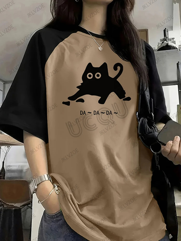 2025 Summer New Funny Cat Printed T-Shirt For Women Patchwork Short Sleeve Harajuku Tees Football Jersey Y2K Sports Loose Tops - AMULET RING STORE