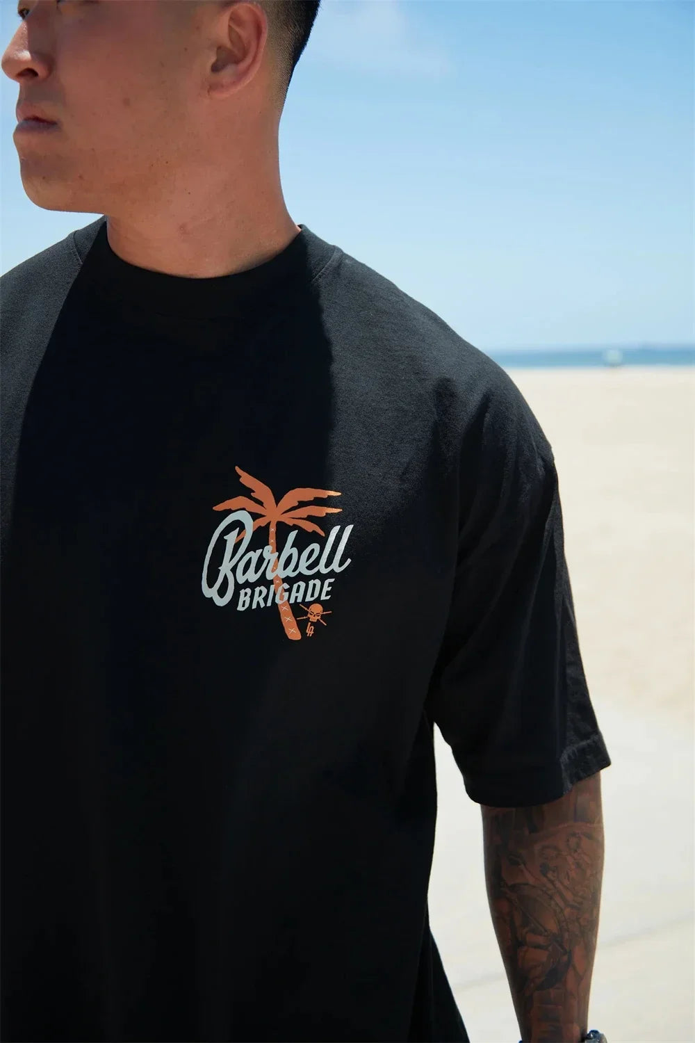 Barbell Brigade PALM TREE TEE Muscle Fitness Casual T-shirt Summer Men's Athleisure Workout Shirts Gym Sport Unisex Shirt Tops - AMULET RING STORE