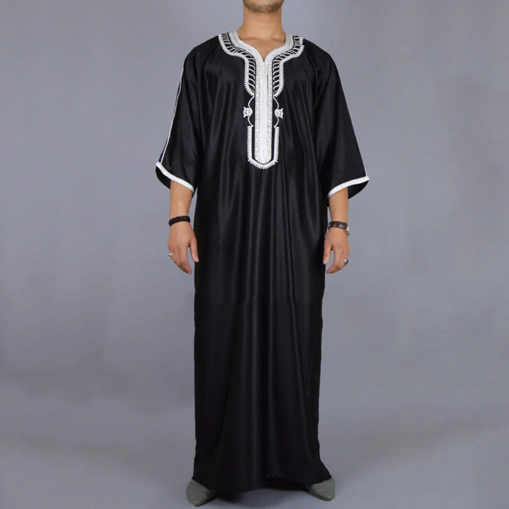 New Men's 1PCS Long Black Muslim Clothing Dresses Abaya Mid Sleeve Arab Crew Neck Islamic Solid Color Kaftan Maxi Dubai