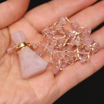 Natural Stone Rose Quartz Perfume Bottle Essential Oil Diffuser Reiki Healing Exquisite Necklace Jewelry Gift - AMULET RING STORE