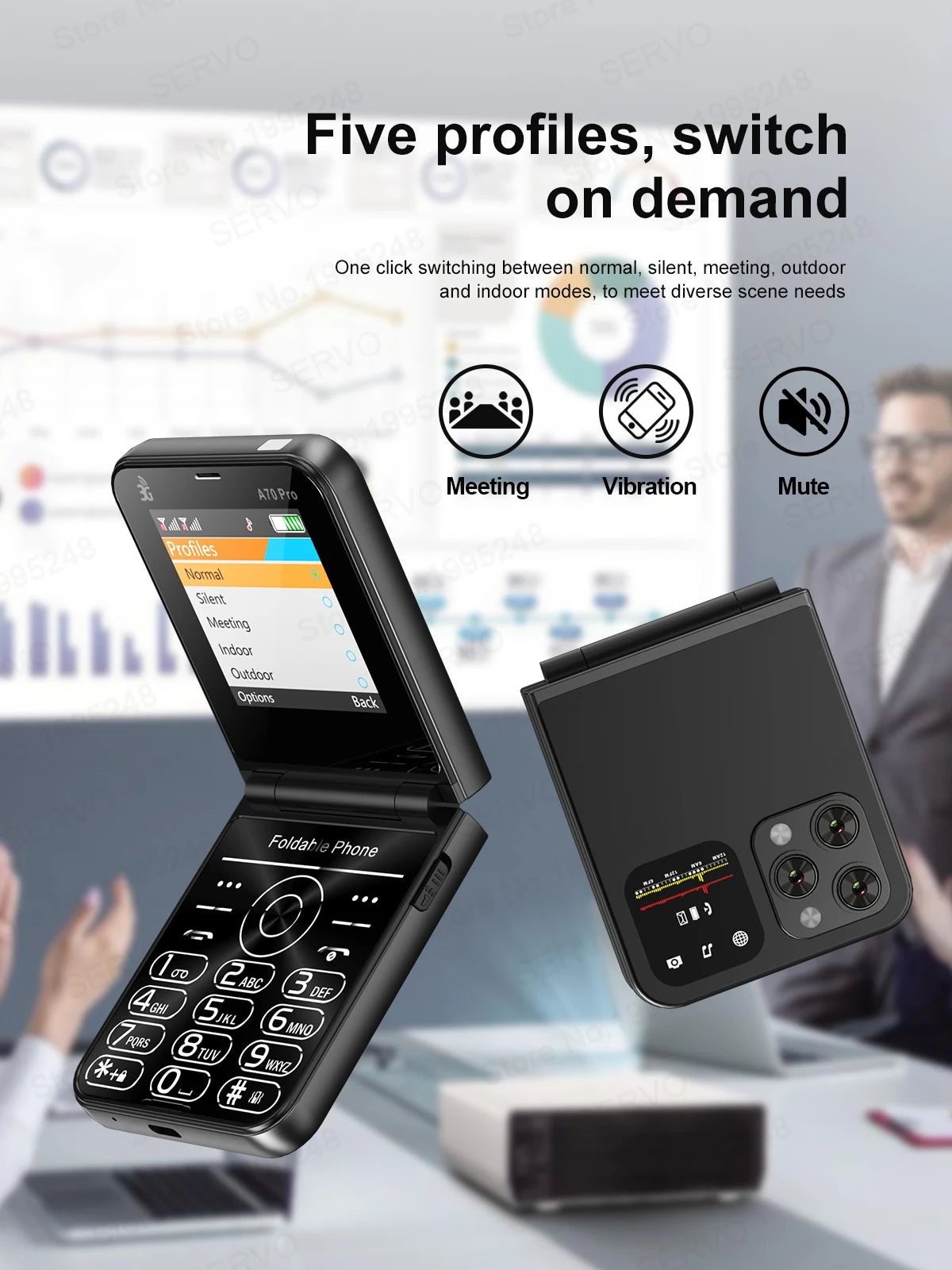 SERVO A70 Pro 3G Network Foldable Phone Speed Dial Call Recording FM Radio Flashlight Key 2.6" Screen Flip Phones 2 SIM Standby