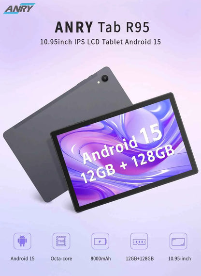 Tablet 10.95 inch Android 15 Tablets, 12GB RAM 128GB ROM 1TB Expand, Octa-core Processor, 1280x800 IPS, 8000mAh Battery (Black)