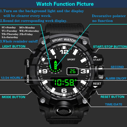 Fashion Men's Watch Sports Electronic Wristwatch Large dial Multifunctional Waterproof Luminous Alarm Kids Male's Military Watch - AMULET RING STORE