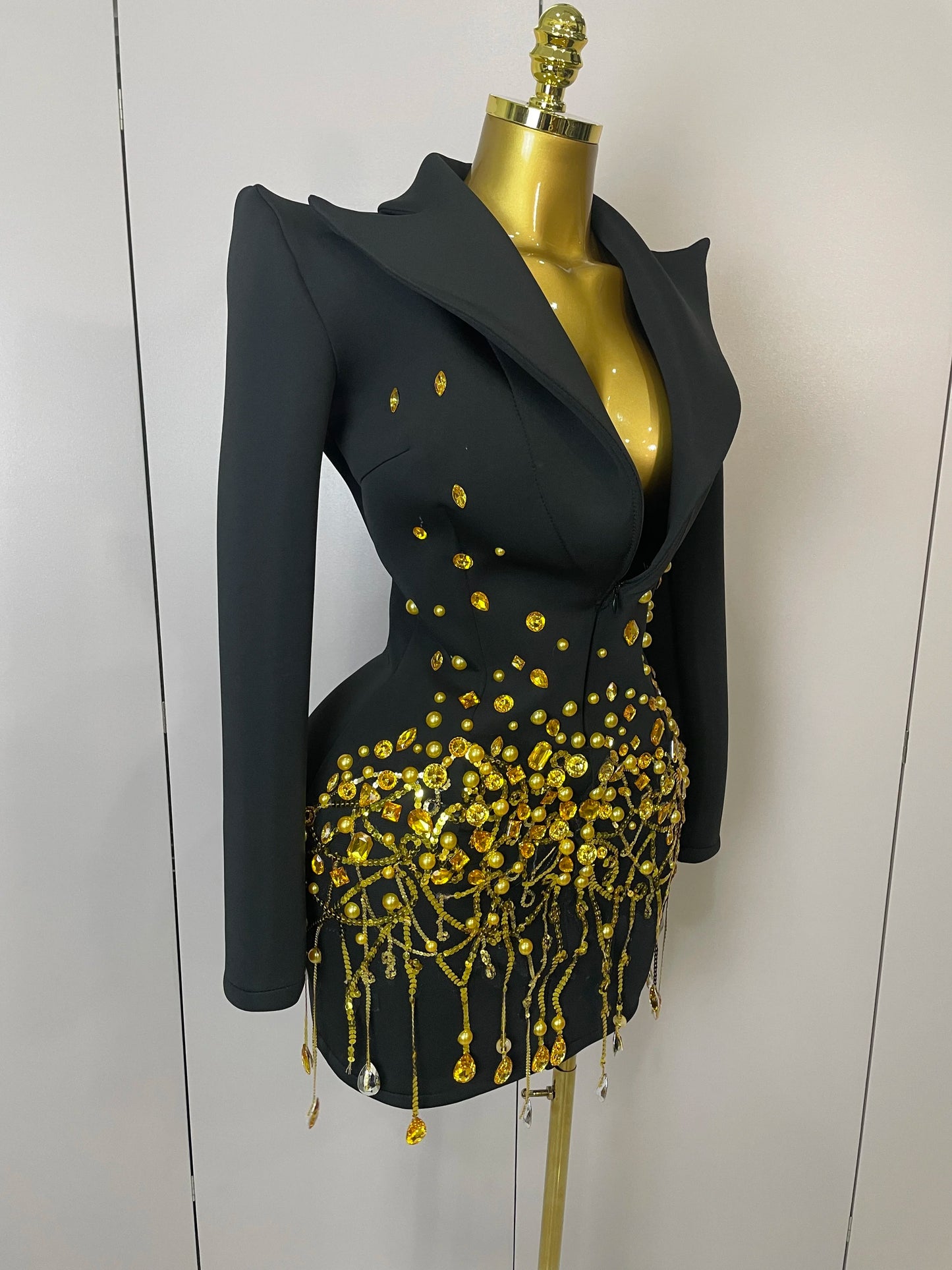 Sparkly Crystal Chains Pearls Long Sleeve Mini Dress 2025 Women Birthday Evening Party Nightclub Outfit Singer Wedding Costume - AMULET RING STORE