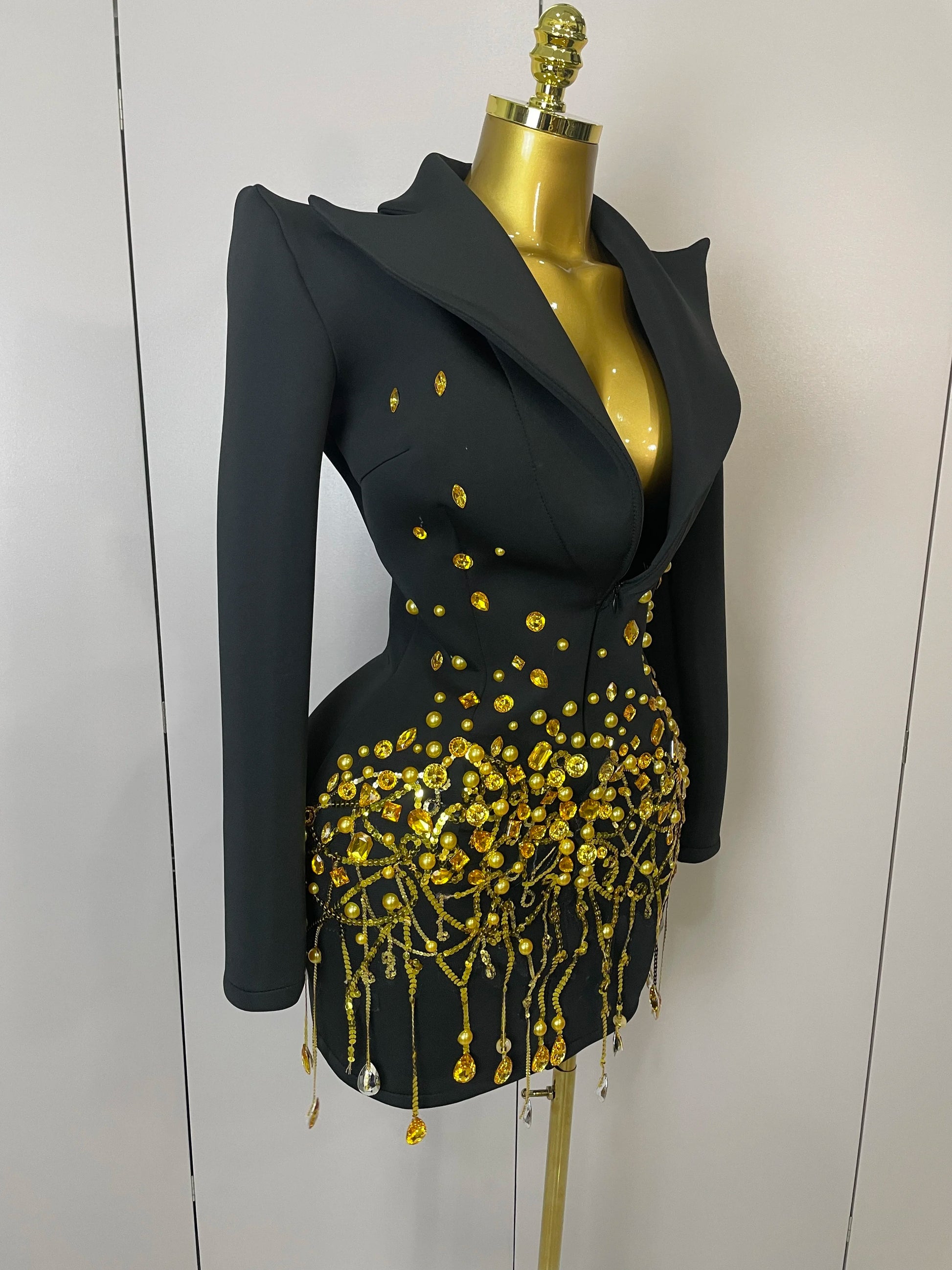 Sparkly Crystal Chains Pearls Long Sleeve Mini Dress 2025 Women Birthday Evening Party Nightclub Outfit Singer Wedding Costume - AMULET RING STORE