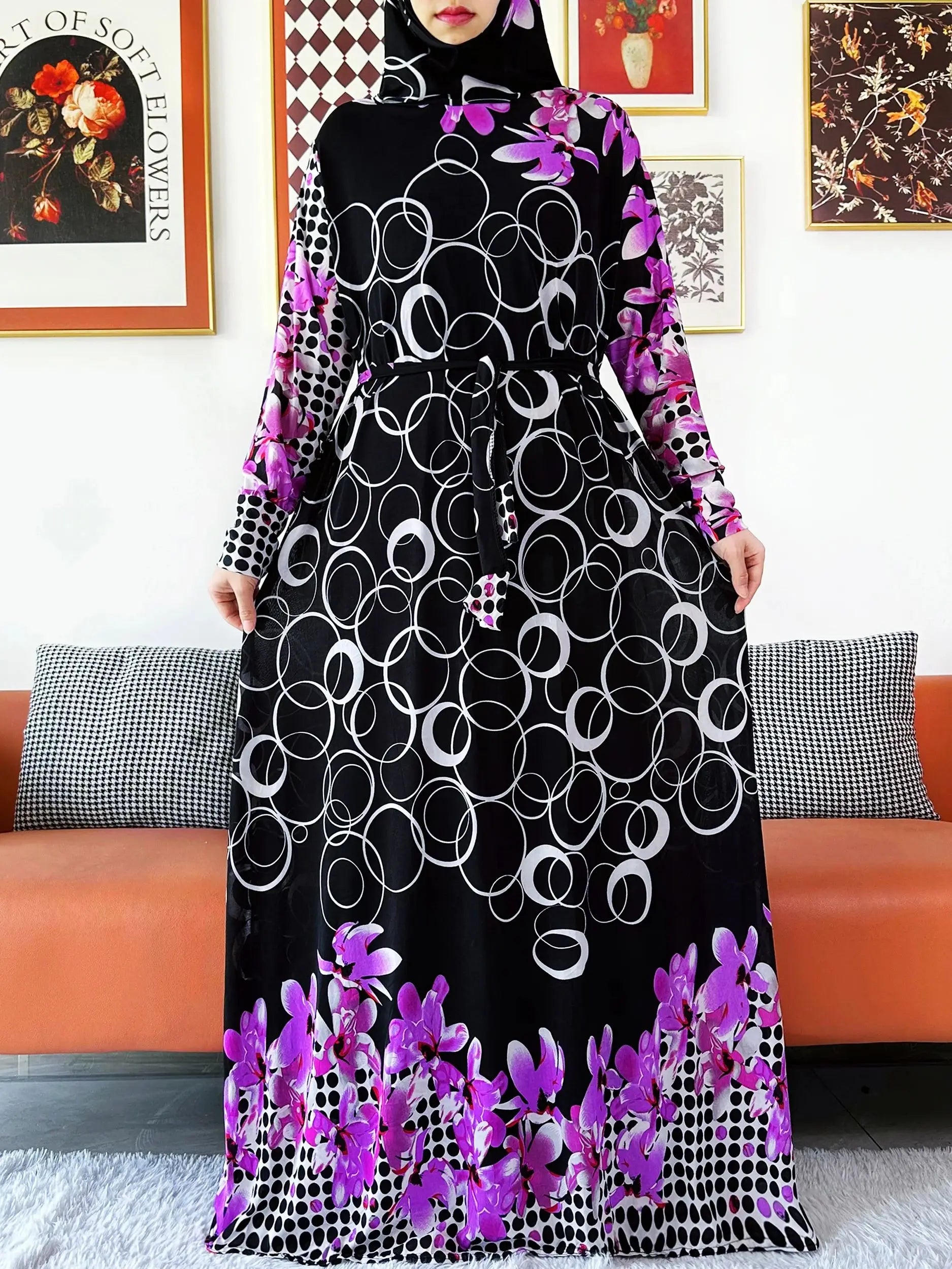 2025 Floral Ramadan Muslim Dress Solid Color Khimar Kaftan Abaya Robe with Attached Hijab Middle East Prayer Garment for Women - AMULET RING STORE