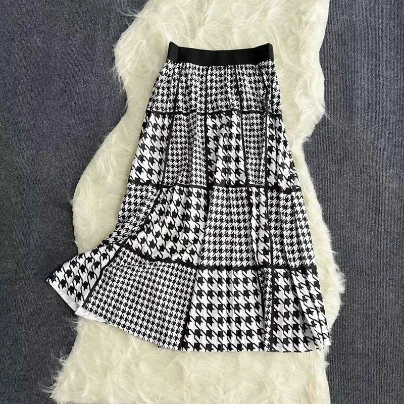 Autumn Skirts Womens New Vintage Floral Print Pleated Skirt Elastic High Waist Casual Midi Skirt Women Clothes Jupe