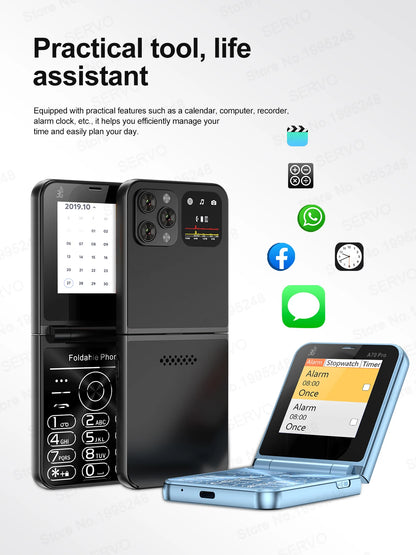 SERVO A70 Pro 3G Network Foldable Phone Speed Dial Call Recording FM Radio Flashlight Key 2.6" Screen Flip Phones 2 SIM Standby