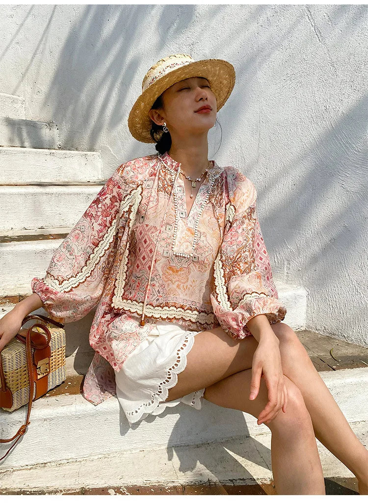 Boho Flrench Chic Floral Blouse Shirt Printed Summer Loose Lace Hollow Out Sexy Ladies Vocation Women Long Sleeve Top Shirts New