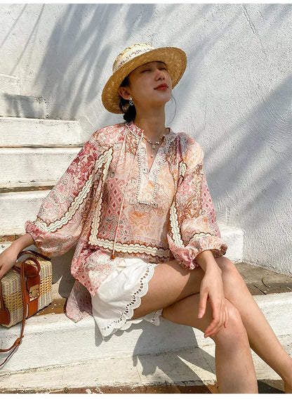 Boho Flrench Chic Floral Blouse Shirt Printed Summer Loose Lace Hollow Out Sexy Ladies Vocation Women Long Sleeve Top Shirts New