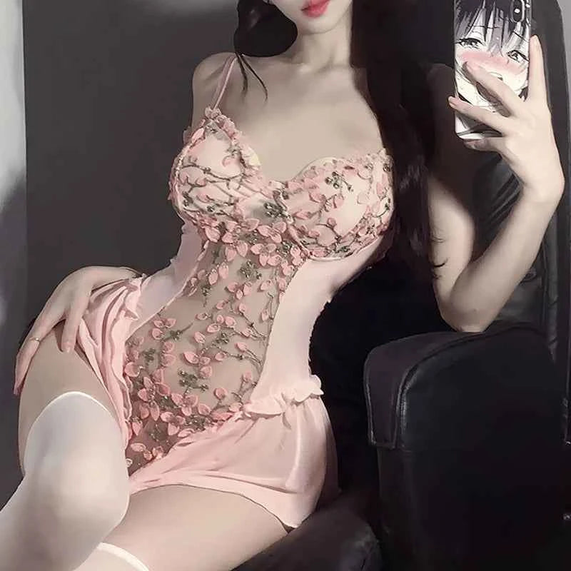 Sexy Deep V Flower Vine Open Crotch Bodysuit Suspender Embroidery Ballet Nightdress Slim Gathered Mesh Bodycon