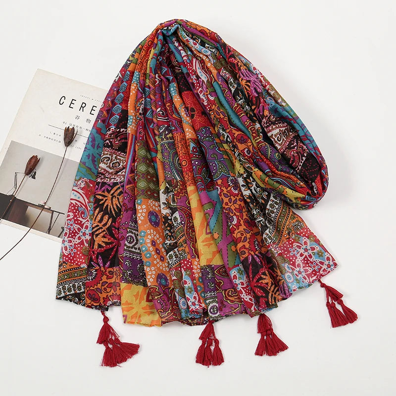 Elegant Floral Printed Hijab Cotton Viscose Tassel Shawl For Woman Fashion Beach Long Scarf Ladies Flower Headscarf 185*100cm - AMULET RING STORE