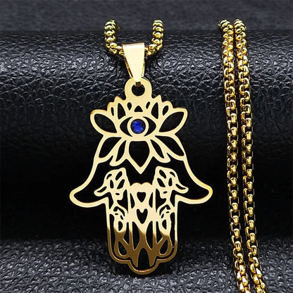 Hamsa Fatima's Hand Turkish Eye Lotus Stainless Steel Necklace