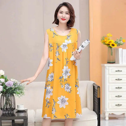 Summer Middle-Aged and Elderly Cotton Silk Nightgowns Pajamas Women's Dresses Large Size Mother's Casual Nightgowns Homewear - AMULET RING STORE