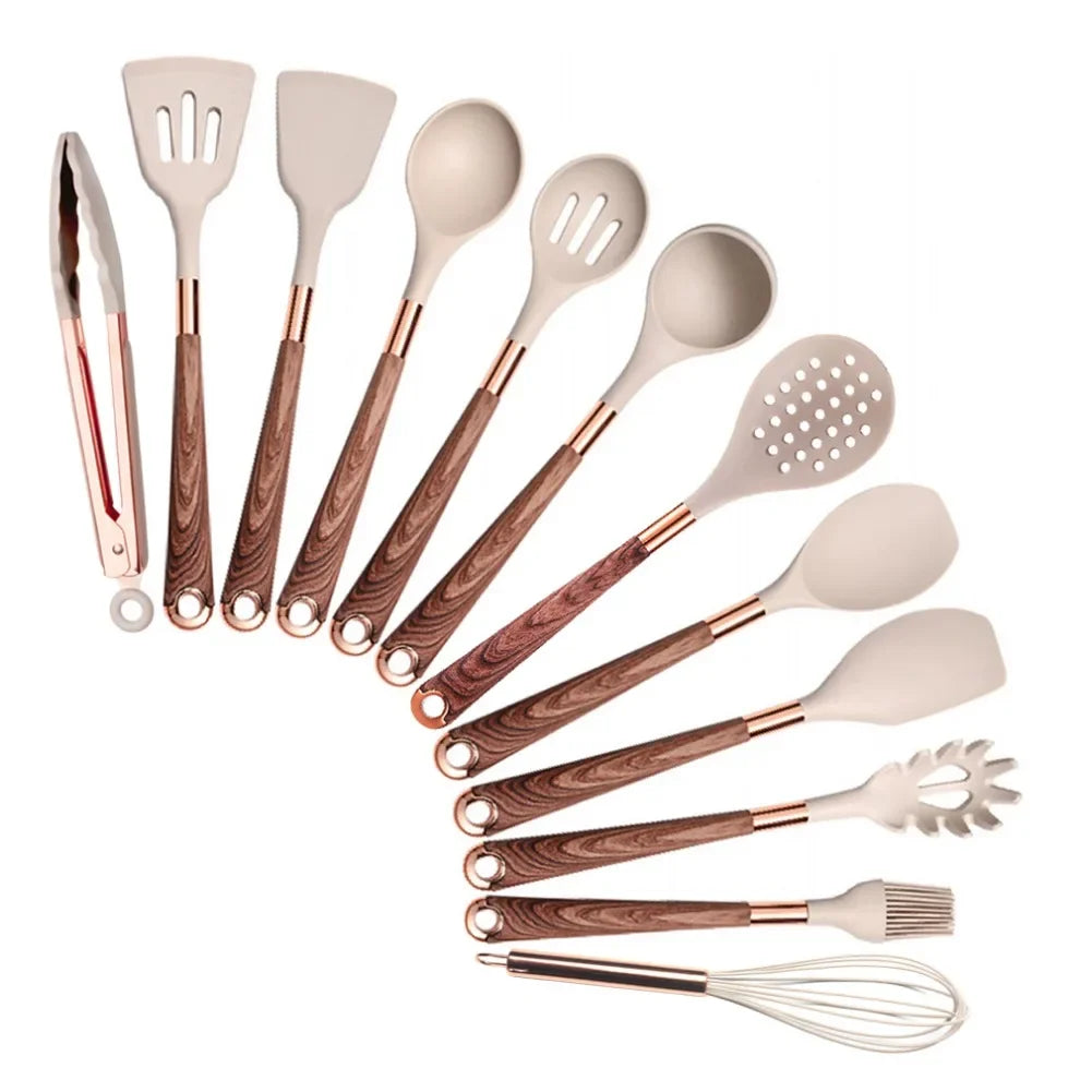Good Quality Silicone Kitchen Utensils Set Rose Gold Plated Handle Cooking Tool Non-stick Heat Resistant Kitchenware Accessories