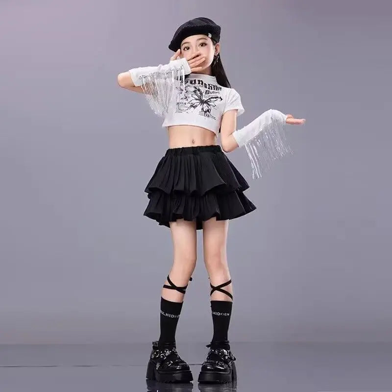 Hip Hop Girls Crop Top Plaid Street Dance Skirt Kids Ribbon Pleated Skirts Teens Jazz Cool Costumes Child Streetwear Clothes Set