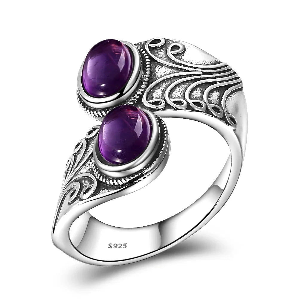 Luxury Vintage Ring Natural Amethyst Rings S925 Silver Jewelry Wedding Anniversary Party Ring Gifts for Women