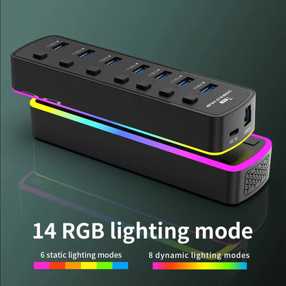RGB USB 3.0 Hub 7 Ports Data Port Adapter 5Gbps Individual On/Off Switch Splitter Gaming USB Hub For Laptop PC Computer Accessor