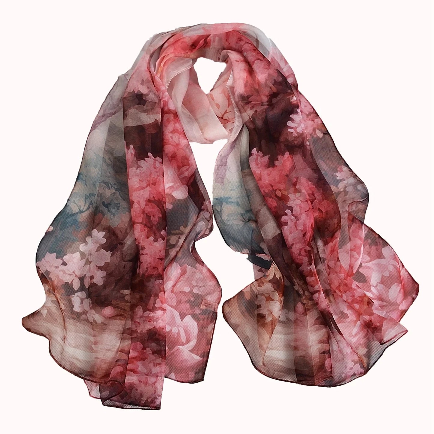 [BYSIFA] Women Chiffon Pure Silk Scarf Cherry Blossom Floral Design Long 100% Silk Shawl Scarf Purple Pink Silk Scarves Echarpes