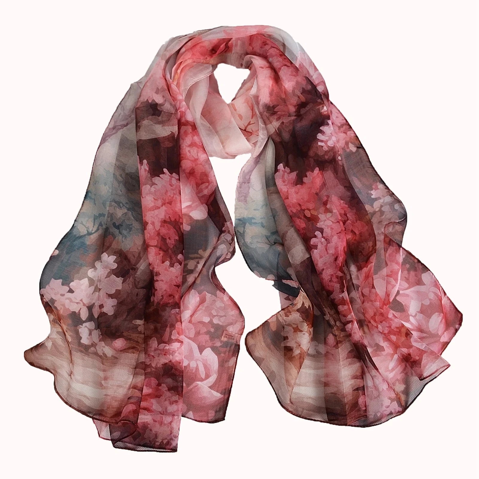 [BYSIFA] Women Chiffon Pure Silk Scarf Cherry Blossom Floral Design Long 100% Silk Shawl Scarf Purple Pink Silk Scarves Echarpes