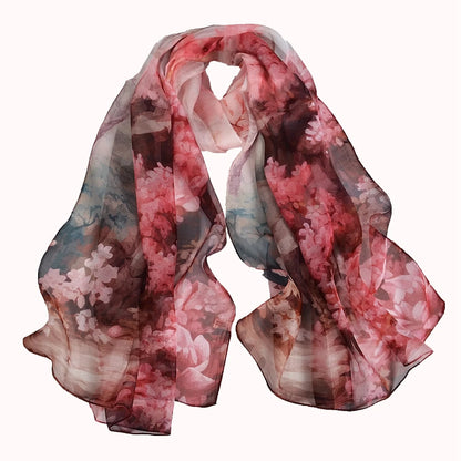 [BYSIFA] Women Chiffon Pure Silk Scarf Cherry Blossom Floral Design Long 100% Silk Shawl Scarf Purple Pink Silk Scarves Echarpes