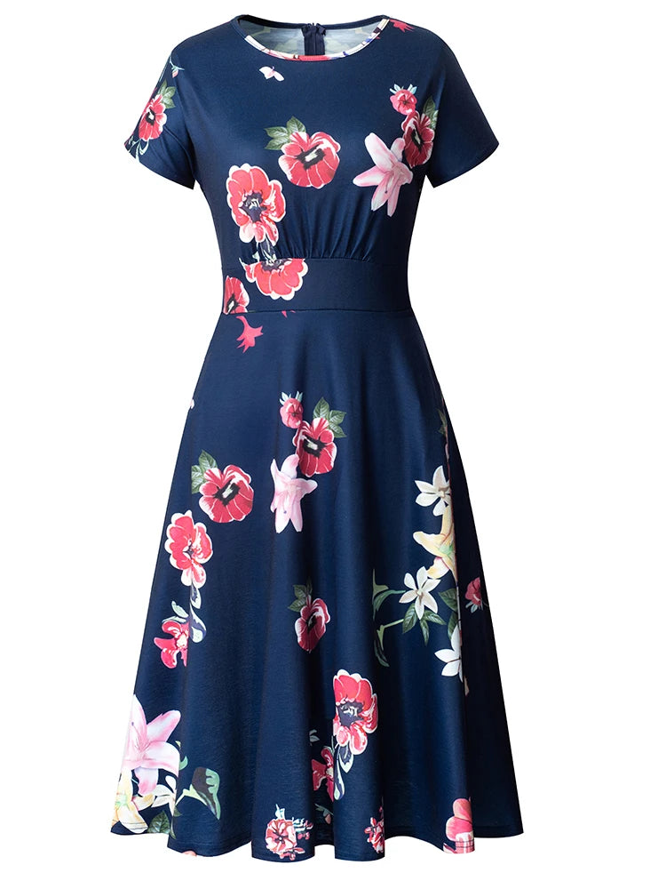 Nice-forever Vintage Elegant Floral Print Pleated Round neck vestidos A-Line Pinup Business Party Women Flare Swing Dress A102