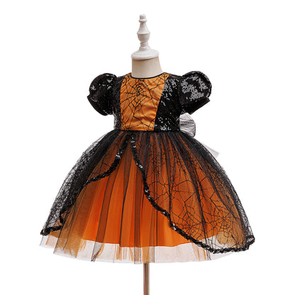 Girl Halloween costume 4-8 Yrs Halloween Theme Party Dresses Skeleton Bat Pumpkin Print Frocks Luxury Fluffy Kids Elegant Gown
