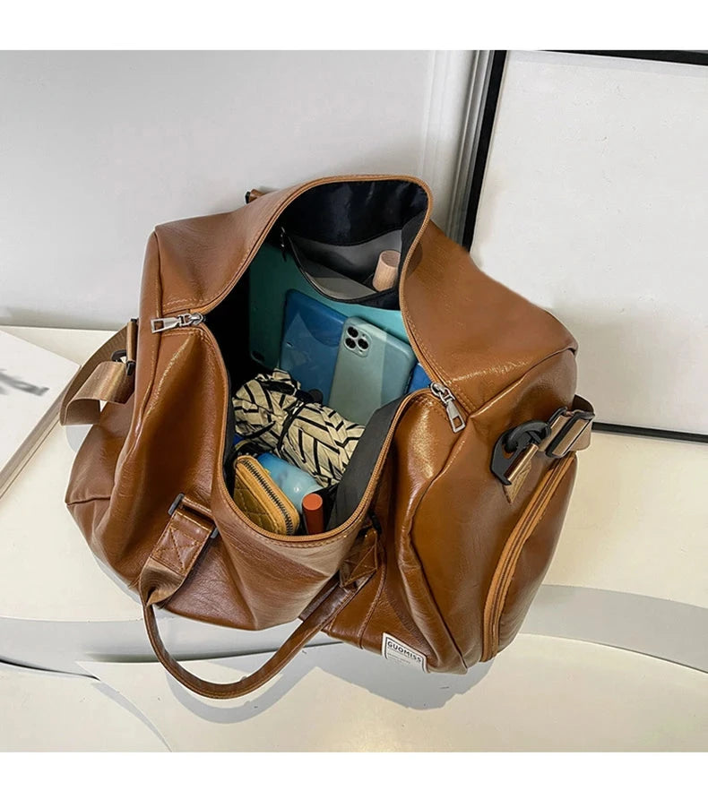 PU Travel Duffel Bag Waterproof Luggage Handbag with Shoes Pocket Weekender Overnight Daypack Dry Wet Sports Shoulder Tote Pack