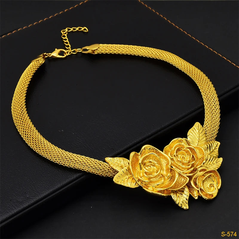 ANIID Dubai Ethiopian Jewelry Set Wedding For Women 24K Gold Color African Bridal Choker Rose Necklace Set Wholesale Gifts